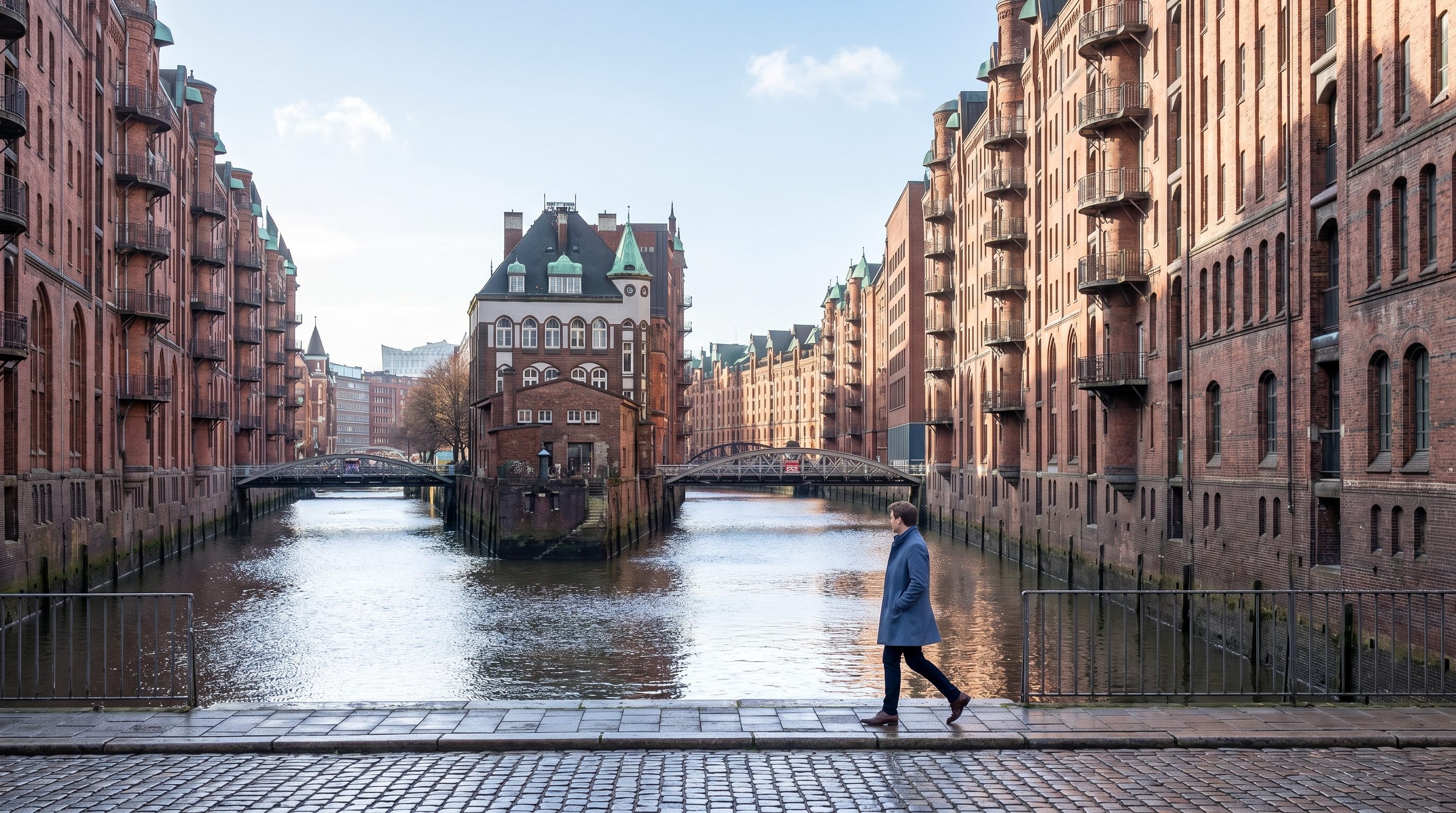 Speicherstadt Hamburg zur blauen Stunde — Backstein spiegelt sich im Kanal